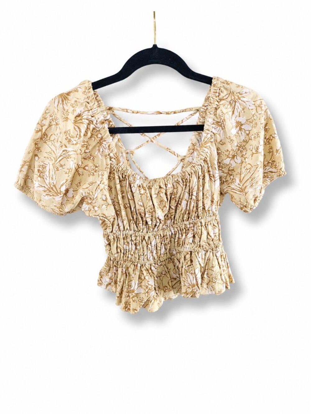 By Together Desert Boho Indie Smocked Puff-Sleeve Crop Top Lace-up Back NWT